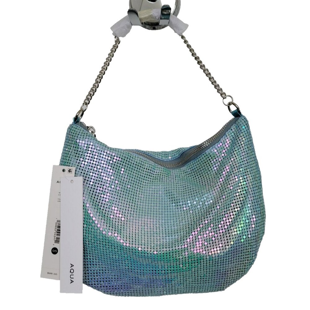 AQUA Small Mesh Baguette Iridescent Shoulder Bag In Air Blue